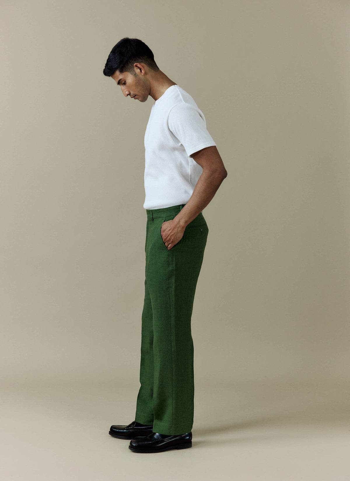 Men's Tailored Linen Trousers - Straight Leg - Forest Green | Percival
