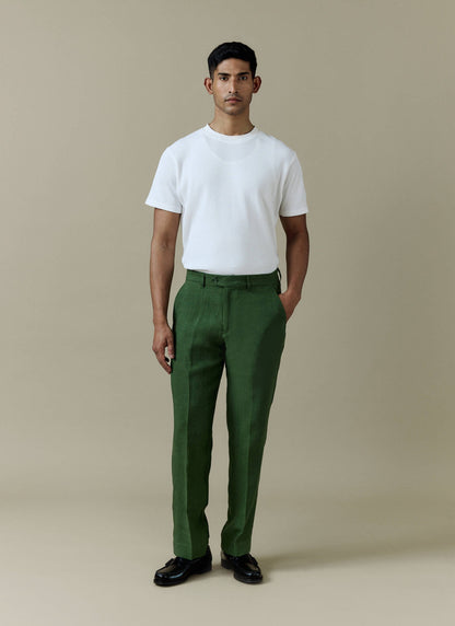 Men's Tailored Linen Trousers - Straight Leg - Forest Green | Percival