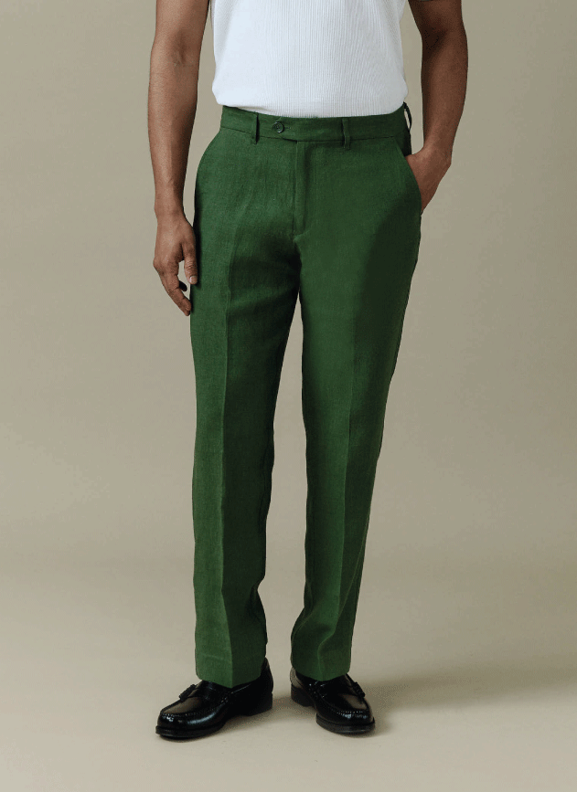 Men's Tailored Linen Trousers - Straight Leg - Forest Green | Percival