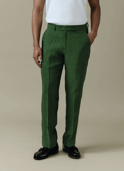 Men's Tailored Linen Trousers - Straight Leg - Forest Green | Percival