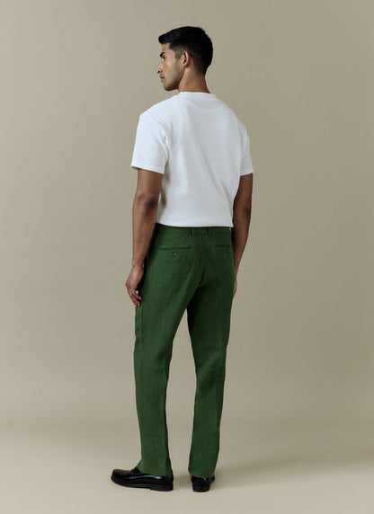 Men's Tailored Linen Trousers - Straight Leg - Forest Green | Percival