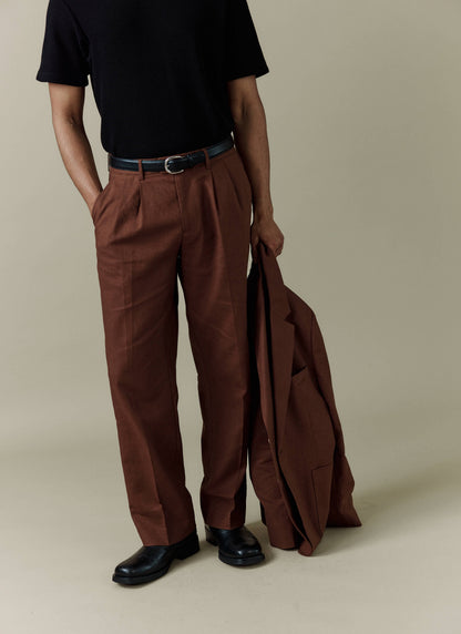 Men's Pleated Suit Trousers - Linen - Brown | Percival