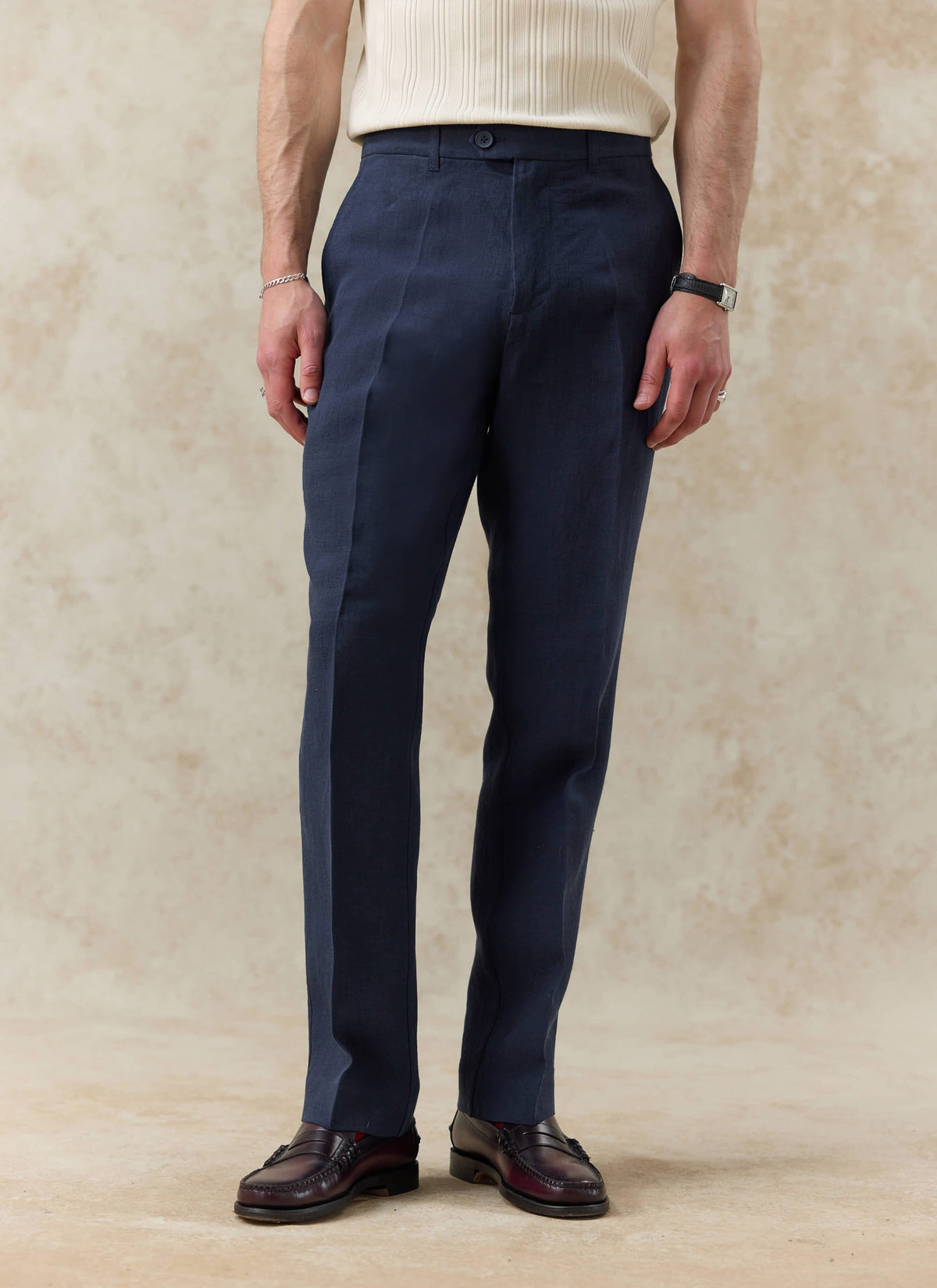 Men's Tailored Linen Trousers - Straight Leg - Navy Blue | Percival