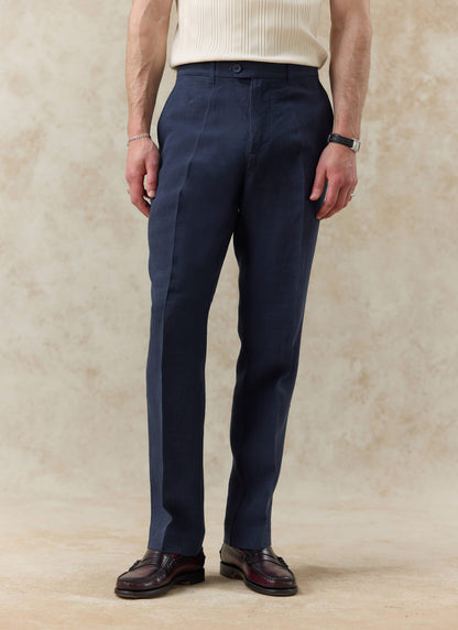 Men's Tailored Linen Trousers - Straight Leg - Navy Blue | Percival