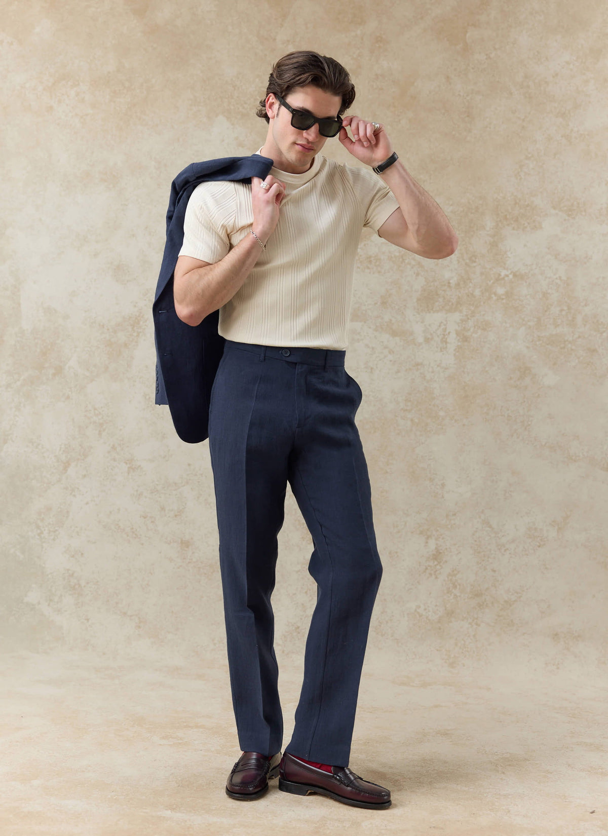 Men's Tailored Linen Trousers - Straight Leg - Navy Blue | Percival