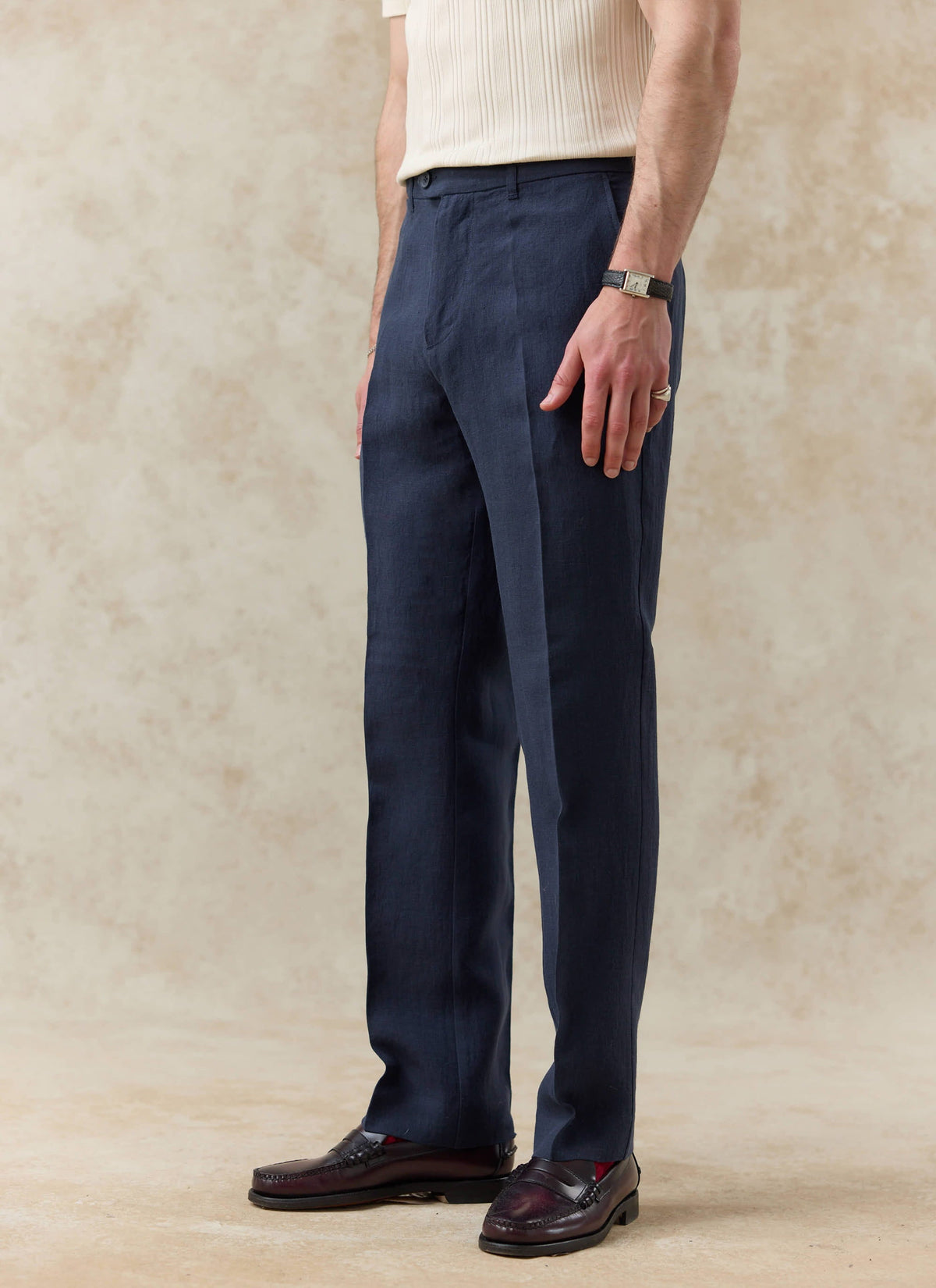 Men's Tailored Linen Trousers - Straight Leg - Navy Blue | Percival