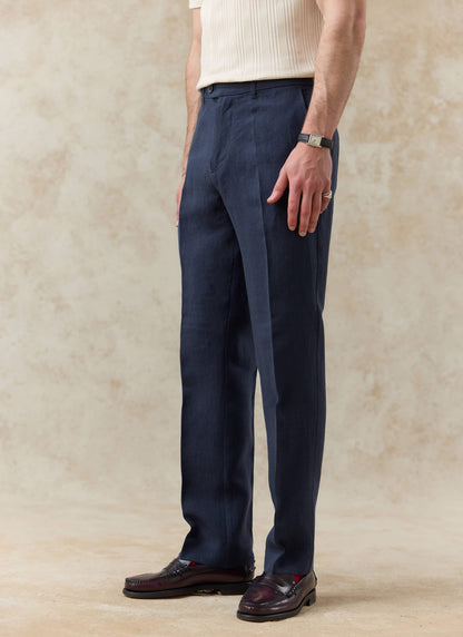 Men's Tailored Linen Trousers - Straight Leg - Navy Blue | Percival
