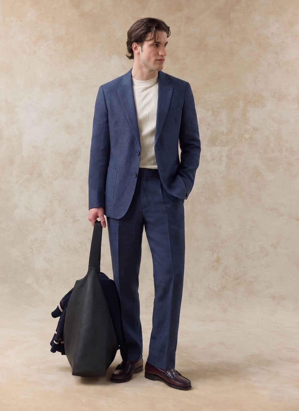 Men's Tailored Linen Trousers - Straight Leg - Navy Blue | Percival