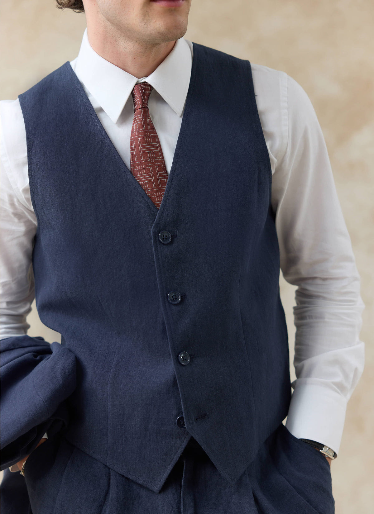 Men's Waistcoat - Linen - Navy Blue | Percival
