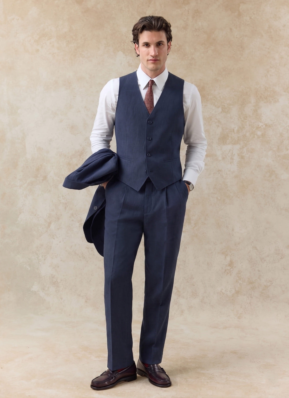 Men's Waistcoat - Linen - Navy Blue | Percival