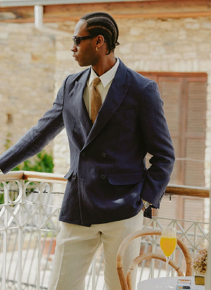 Percival Men's Linen Double Breasted Blazer - Wedding Suit Jacket - Navy Blue | Percival
