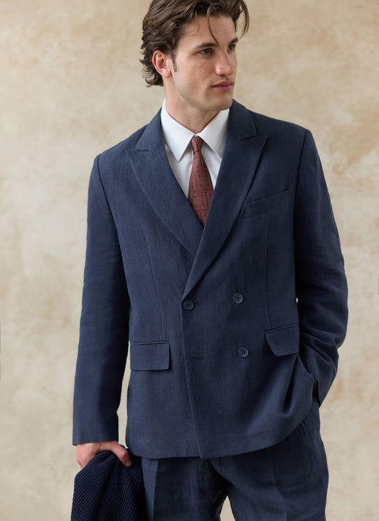 Men's Linen Double Breasted Blazer - Navy Blue | Percival