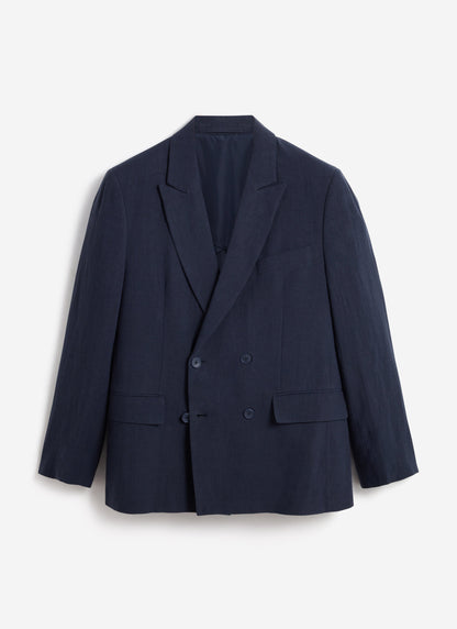 Men's Linen Double Breasted Blazer - Navy Blue | Percival