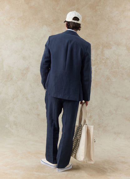 Men's Linen Double Breasted Blazer - Navy Blue | Percival