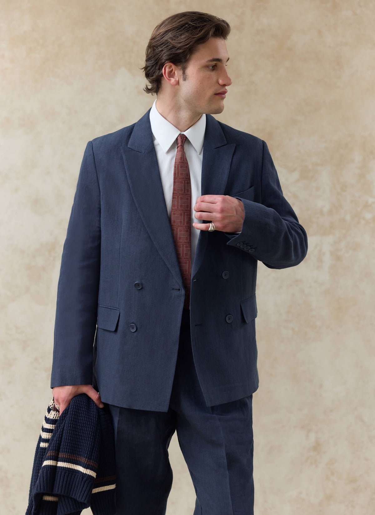 Men's Linen Double Breasted Blazer - Navy Blue | Percival