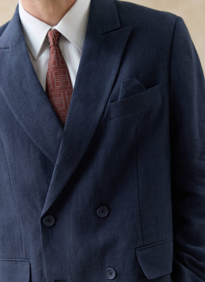 Men's Linen Double Breasted Blazer - Navy Blue | Percival