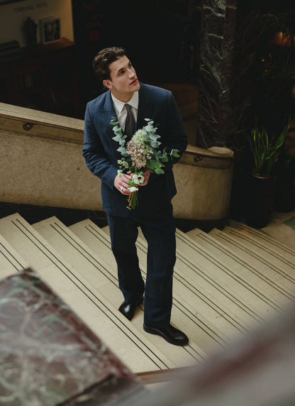 Men's Linen Double Breasted Blazer - Navy Blue | Percival