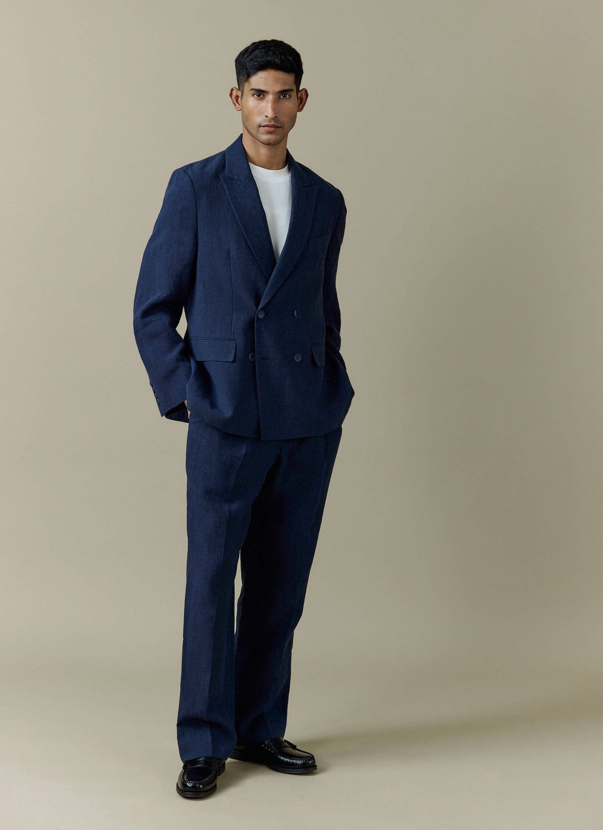 Men's Linen Double Breasted Blazer - Navy Blue | Percival