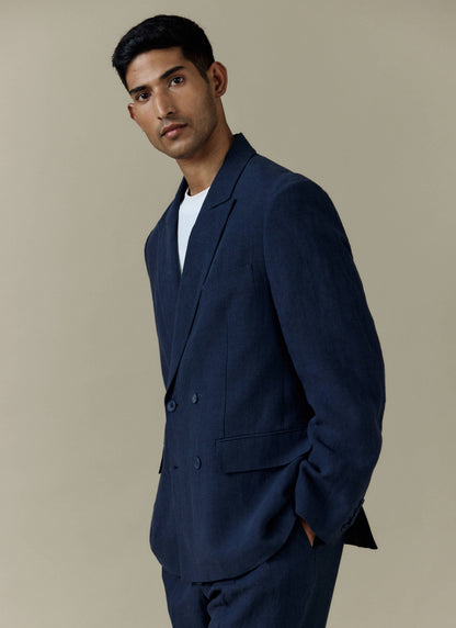 Men's Linen Double Breasted Blazer - Navy Blue | Percival