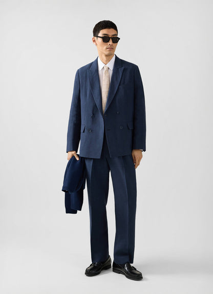 Men's Linen Double Breasted Blazer - Navy Blue | Percival