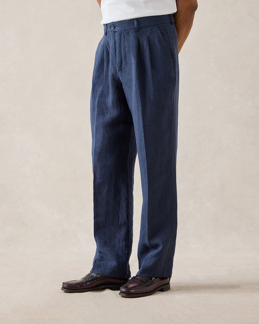 Men's Pleated Suit Trousers - Linen - Navy Blue | Percival