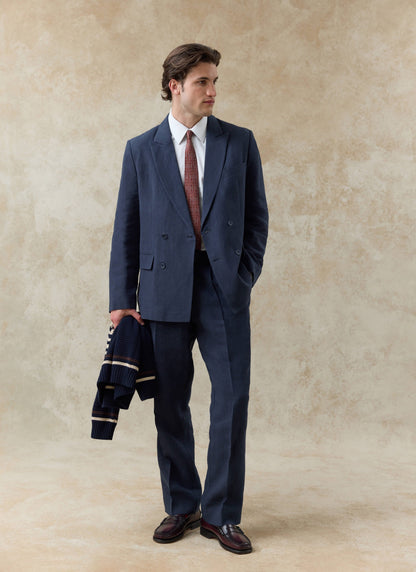 Men's Pleated Suit Trousers - Linen - Navy Blue | Percival