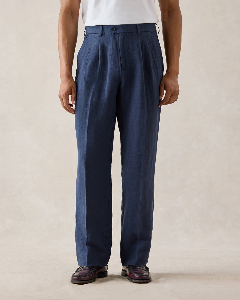 Men's Pleated Suit Trousers - Linen - Navy Blue | Percival