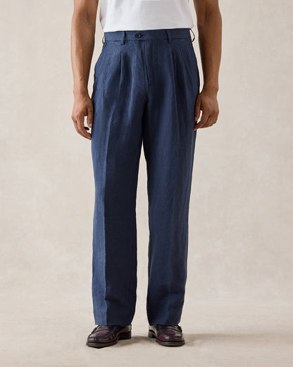 Men's Pleated Suit Trousers - Linen - Navy Blue | Percival