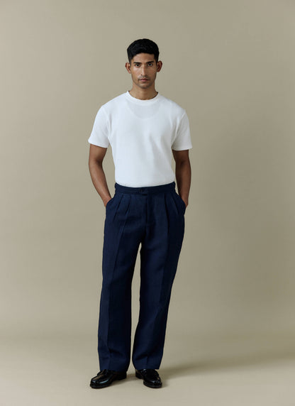 Men's Pleated Suit Trousers - Linen - Navy Blue | Percival