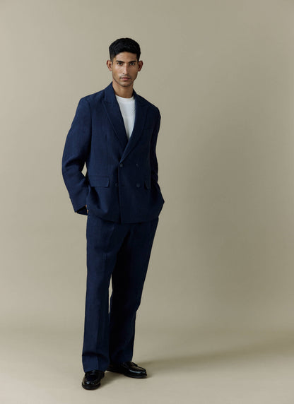 Men's Pleated Suit Trousers - Linen - Navy Blue | Percival