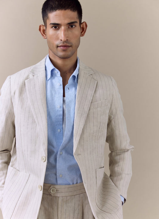 Men's Tailored Pin Stripe Blazer - Cream - Linen Blend | Percival