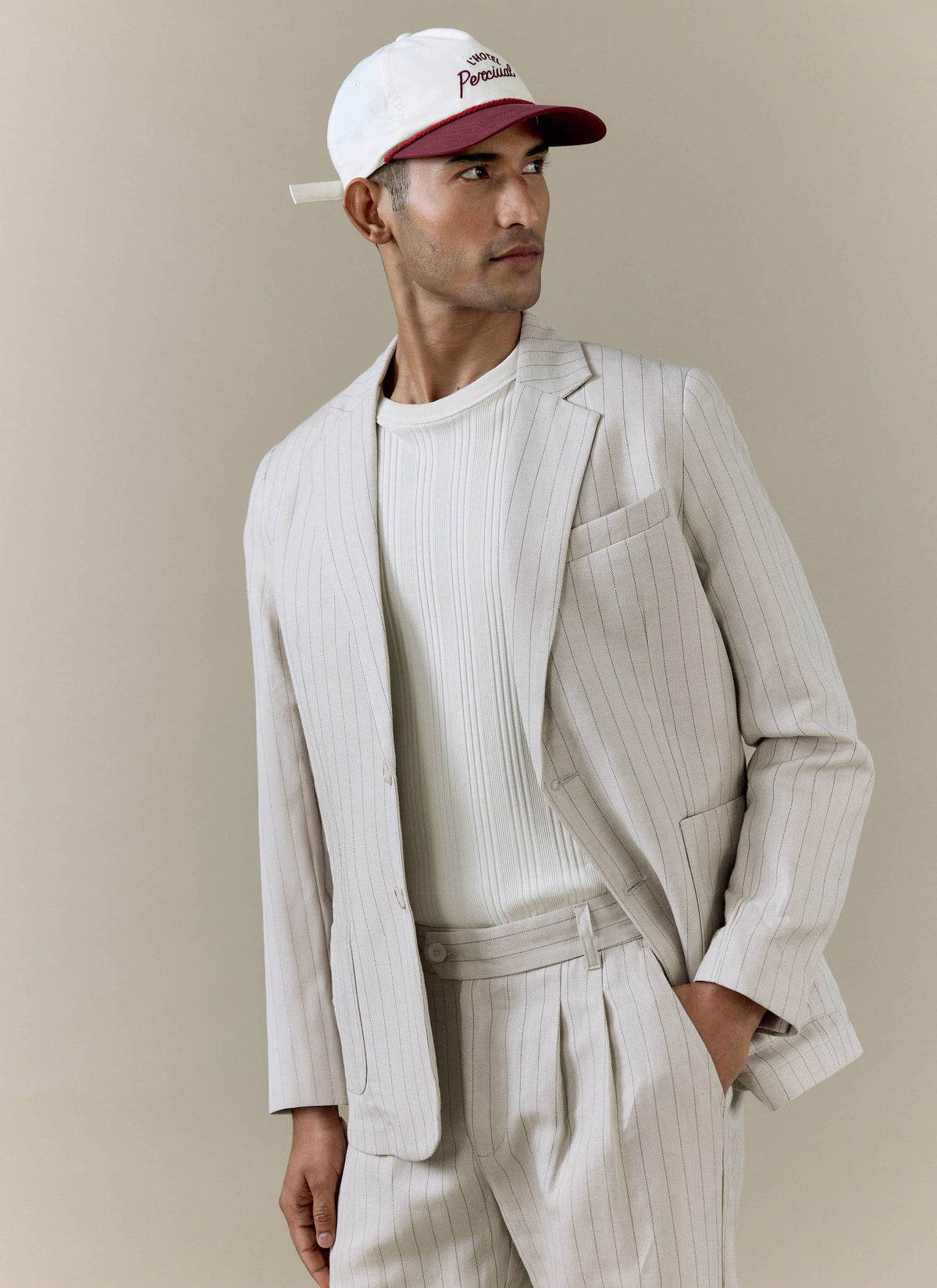 Men's Tailored Pin Stripe Blazer - Cream - Linen Blend | Percival