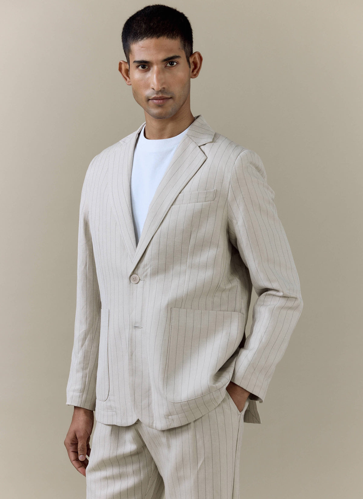 Men's Tailored Pin Stripe Blazer - Cream - Linen Blend | Percival
