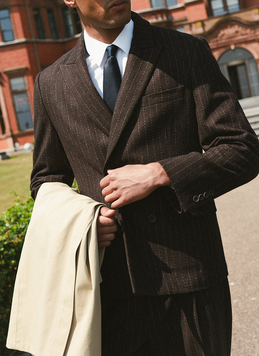 Men's Pinstripe Double Breasted Blazer - Wool - Brown | Percival