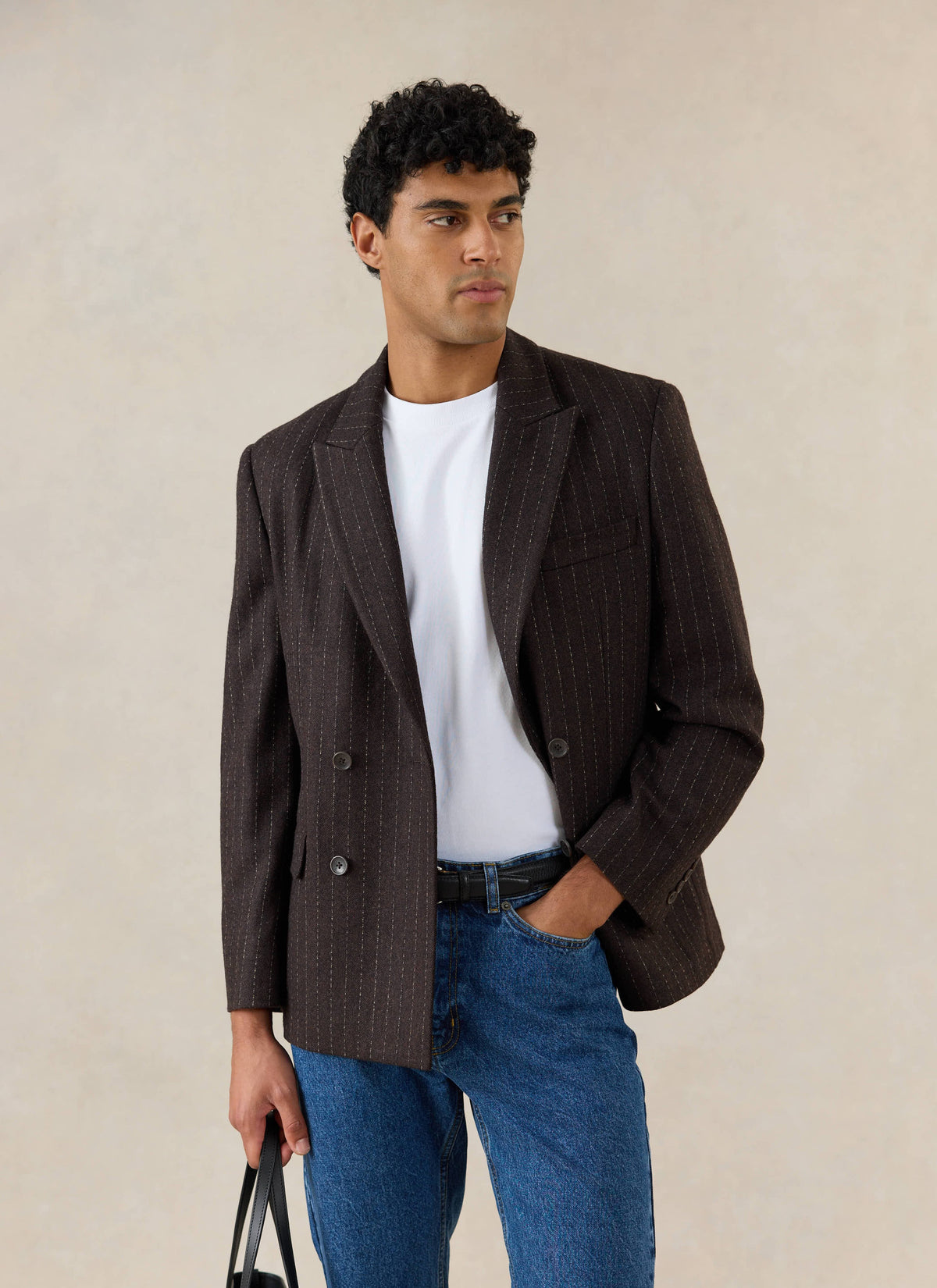Men's Pinstripe Double Breasted Blazer - Wool - Brown | Percival