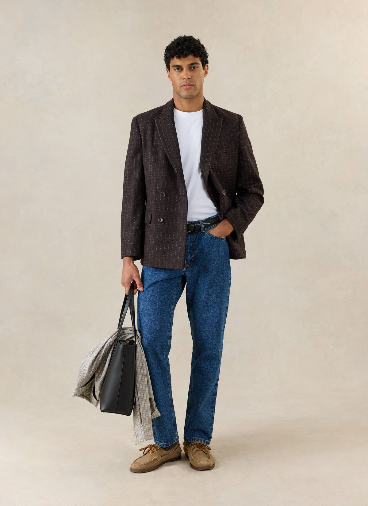 Men's Pinstripe Double Breasted Blazer - Wool - Brown | Percival