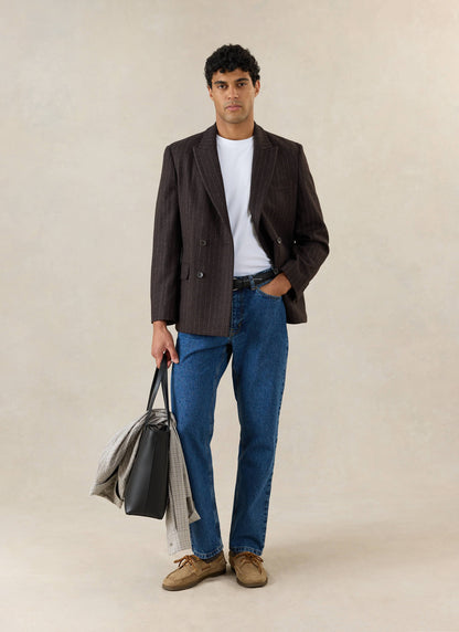 Men's Pinstripe Double Breasted Blazer - Wool - Brown | Percival