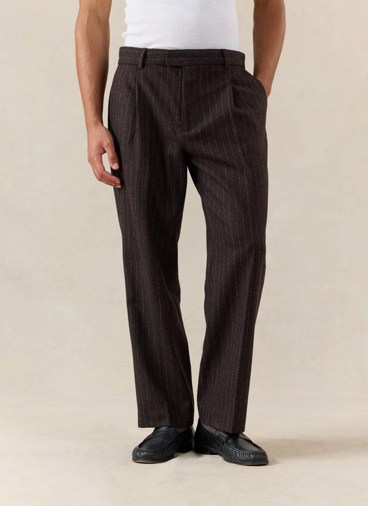 Men's Pinstripe Pleated Tailored Trousers - Wool - Brown | Percival