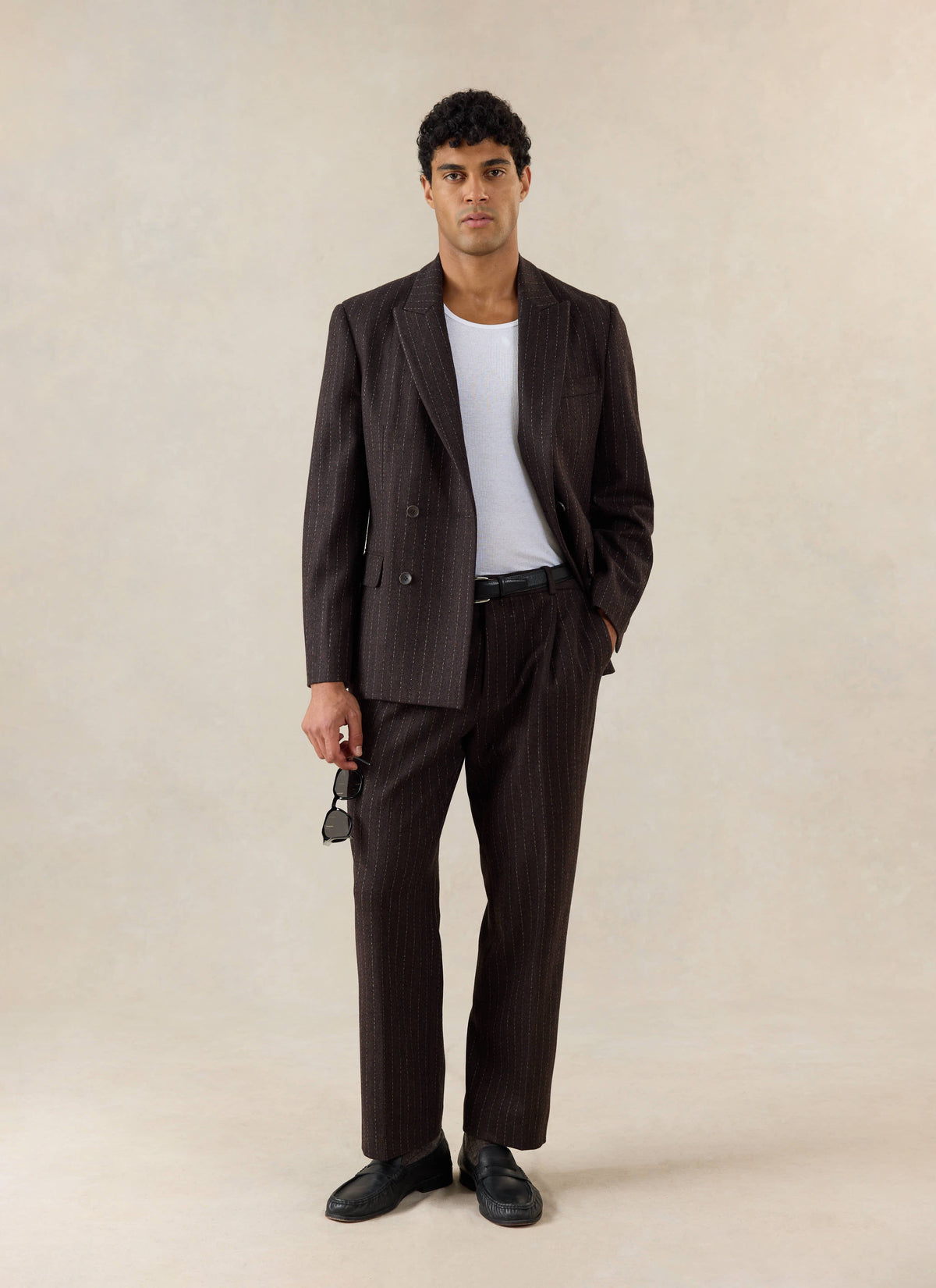 Men's Pinstripe Pleated Tailored Trousers - Wool - Brown | Percival