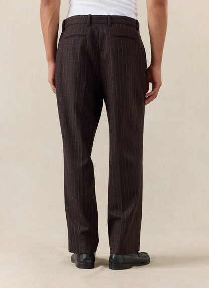 Men's Pinstripe Pleated Tailored Trousers - Wool - Brown | Percival