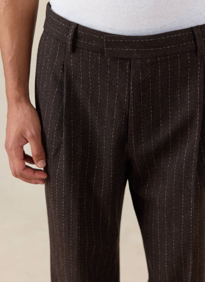 Men's Pinstripe Pleated Tailored Trousers - Wool - Brown | Percival