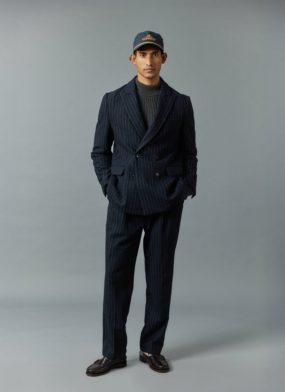 Textured Stripe Double Breasted Blazer - Navy | Percival