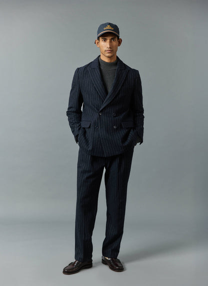 Textured Stripe Double Breasted Blazer - Navy | Percival