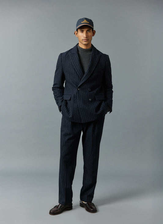 Textured Stripe Double Breasted Blazer - Navy | Percival