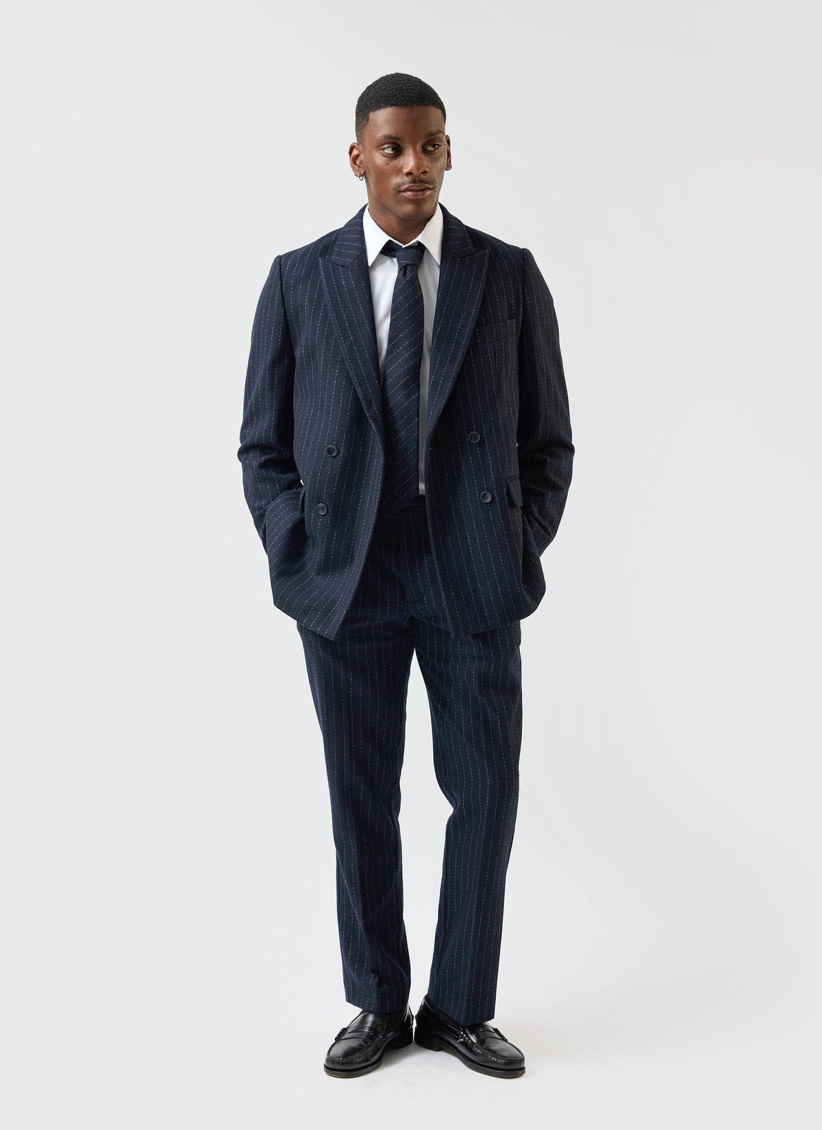 Textured Stripe Double Breasted Blazer - Navy | Percival