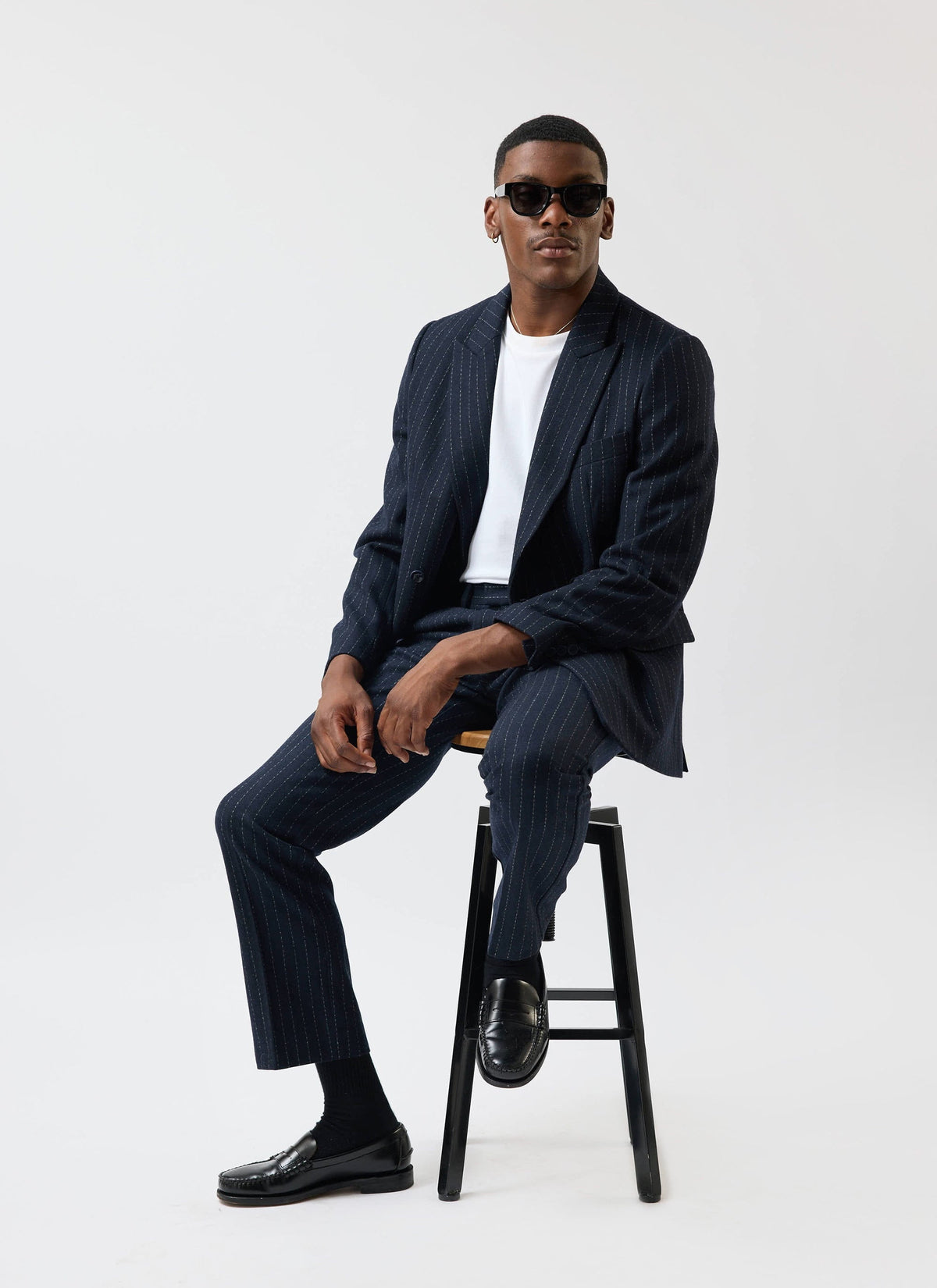 Textured Stripe Double Breasted Blazer - Navy | Percival