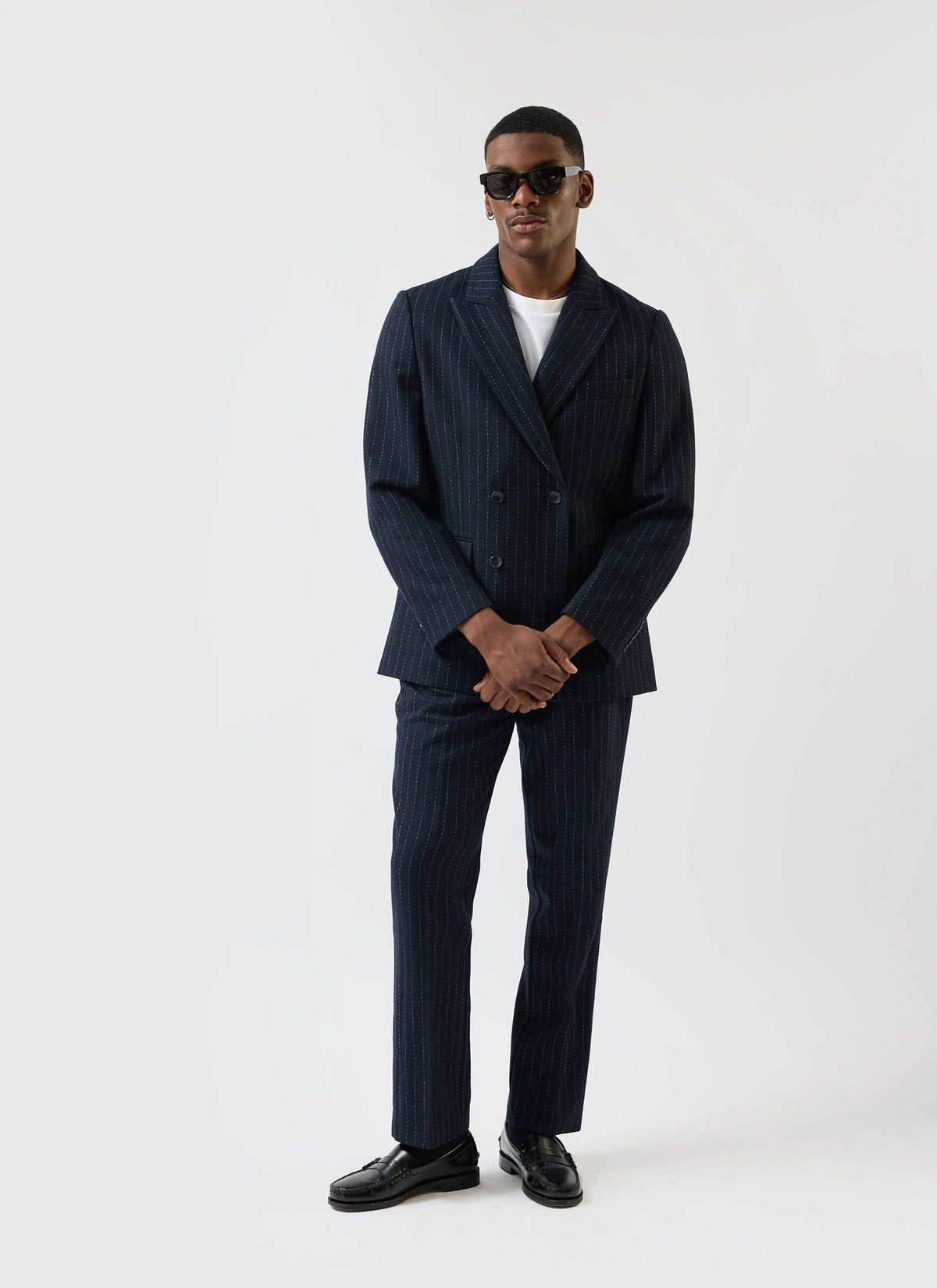 Textured Stripe Double Breasted Blazer - Navy | Percival