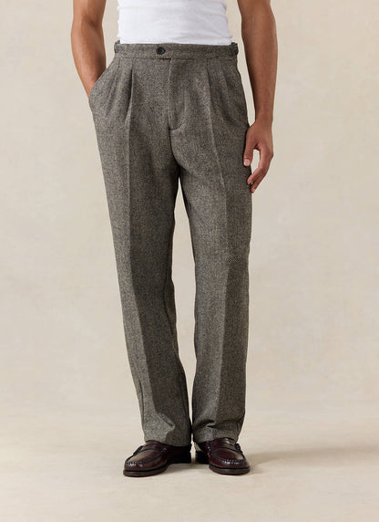 Men's Double Pleated Tailored Trousers - Grey Birdseye Wool | Percival