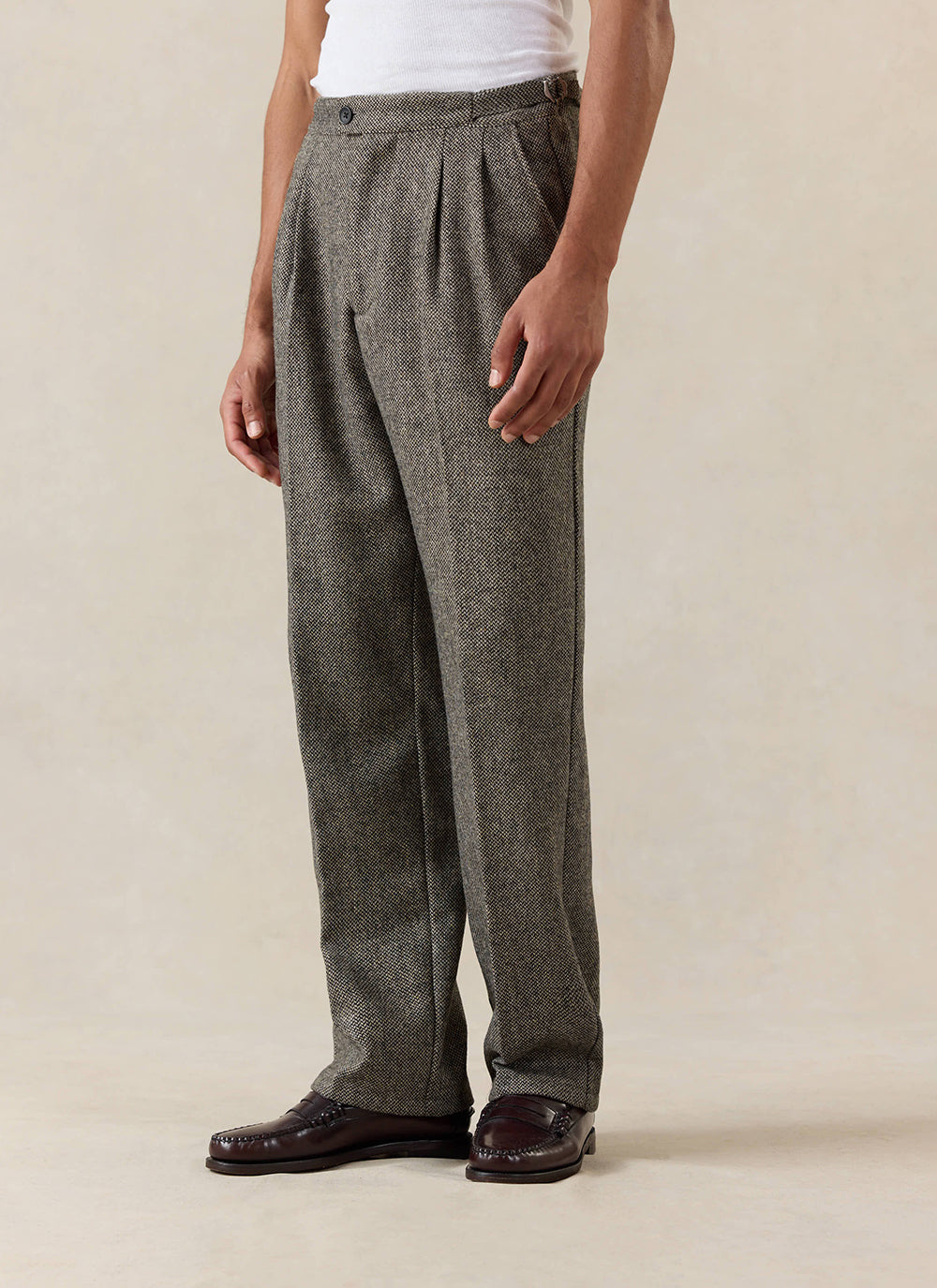 Men's Double Pleated Tailored Trousers - Grey Birdseye Wool | Percival