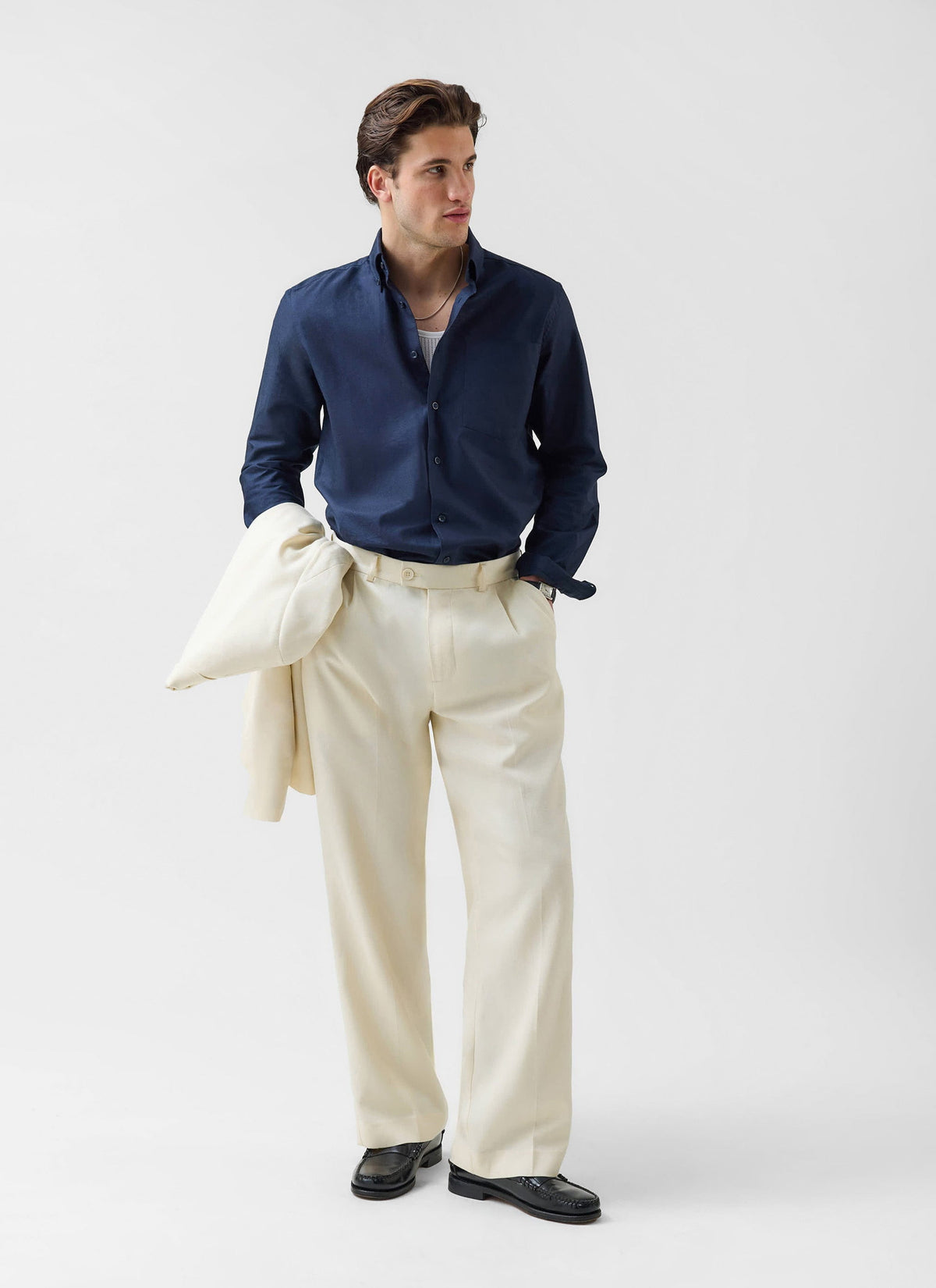 Men's Pleated Trousers - Relaxed Fit - Cream - Lyocell | Percival